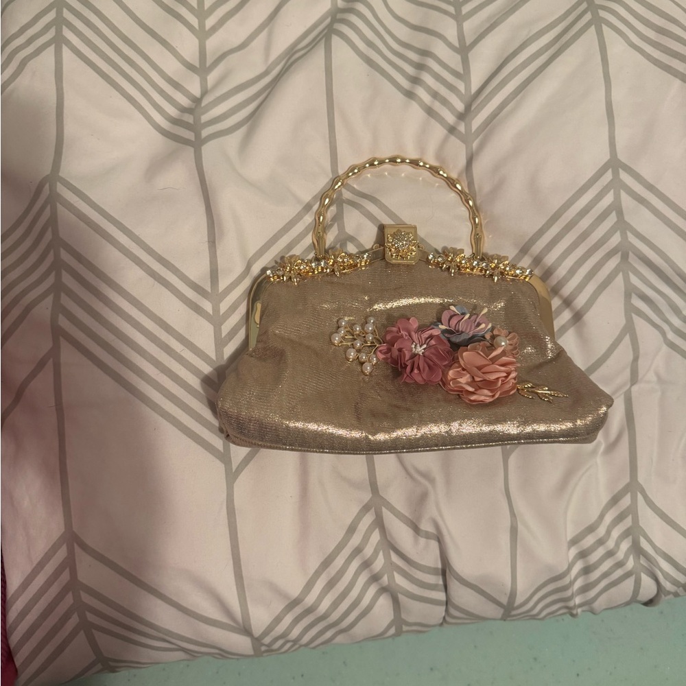 Elegant Floral Embellished Gold Handbag